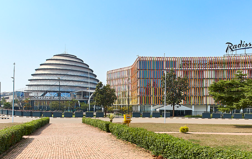 front of the kigali conventional center and the Radisson hotel building.